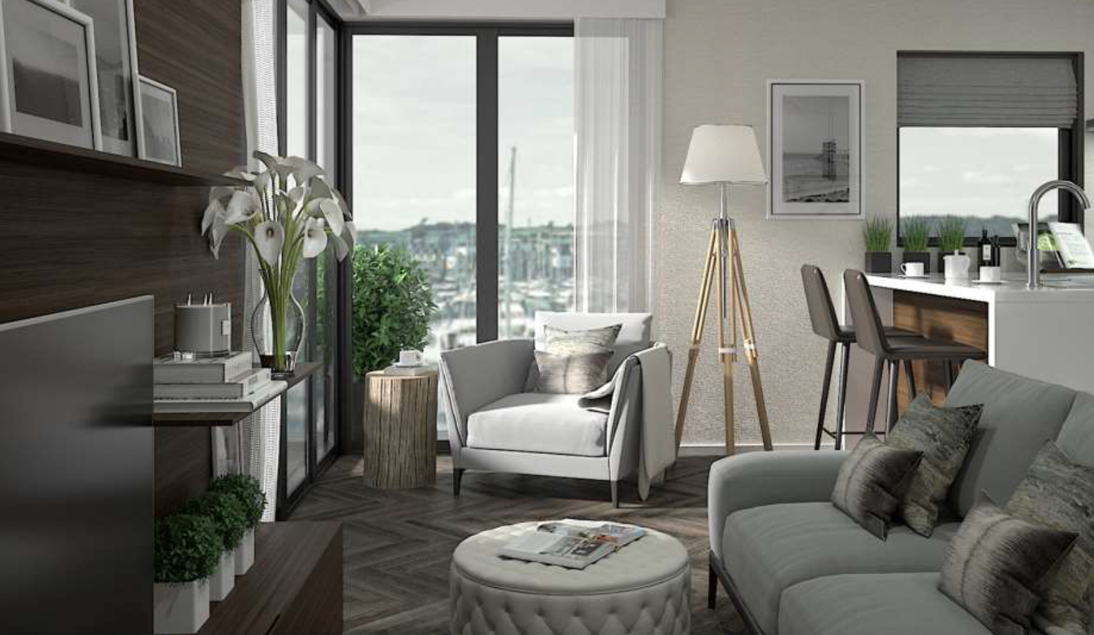 Modern living room with large floor-to-ceiling windows, white armchair, gray sofa, decorative plants, and a kitchen bar area.
