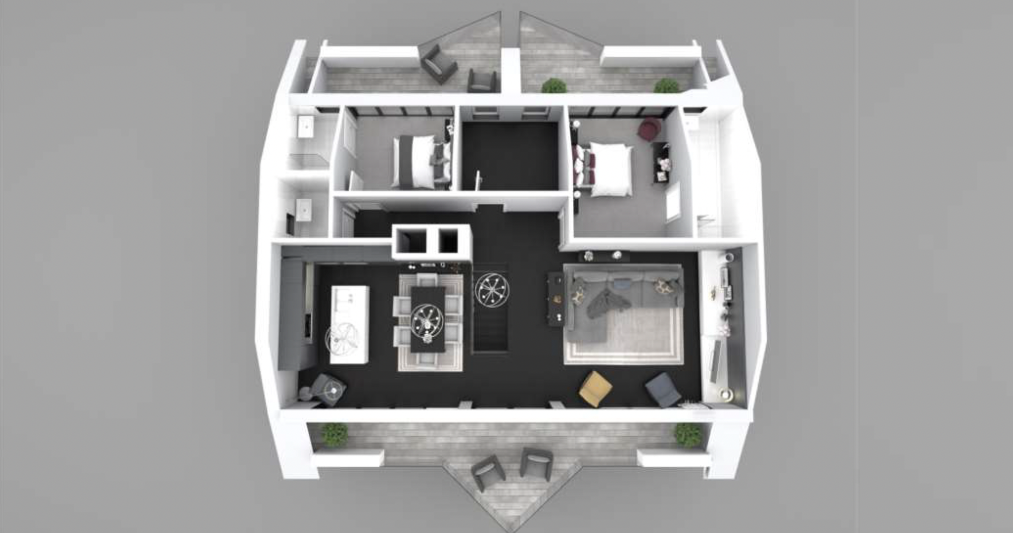 Top-down view of a modern apartment interior with a living room, kitchen, two bedrooms, two bathrooms, and a balcony with outdoor seating and potted plants.