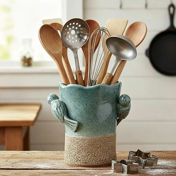 Rustic Charm Ceramic Utensil Holder with Sculpted Birds