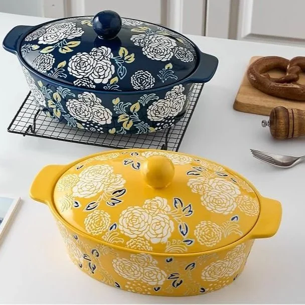 Elegant Floral Ceramic Casserole Dish With Lid