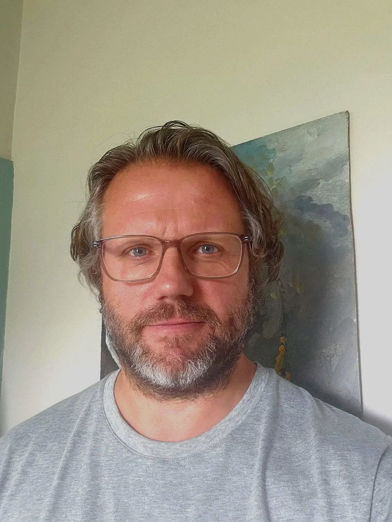 Close-up of a middle-aged man with glasses, salt-and-pepper hair, and a beard, wearing a gray t-shirt, standing indoors with a painting on the wall behind him.