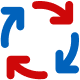 Graphic showing four arrows in a circle, two red and two blue, representing a cycle or exchange.