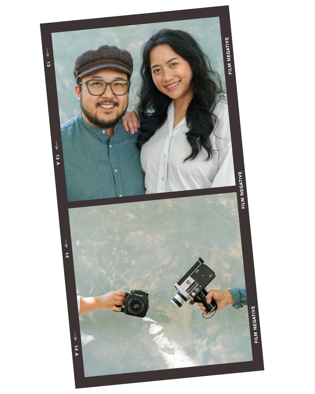 Photograph of a man and woman smiling outdoors, with the woman resting her hand on the man's shoulder. The photo is in a photo booth strip, with the lower half showing two hands holding cameras against a backdrop of Earth from space.