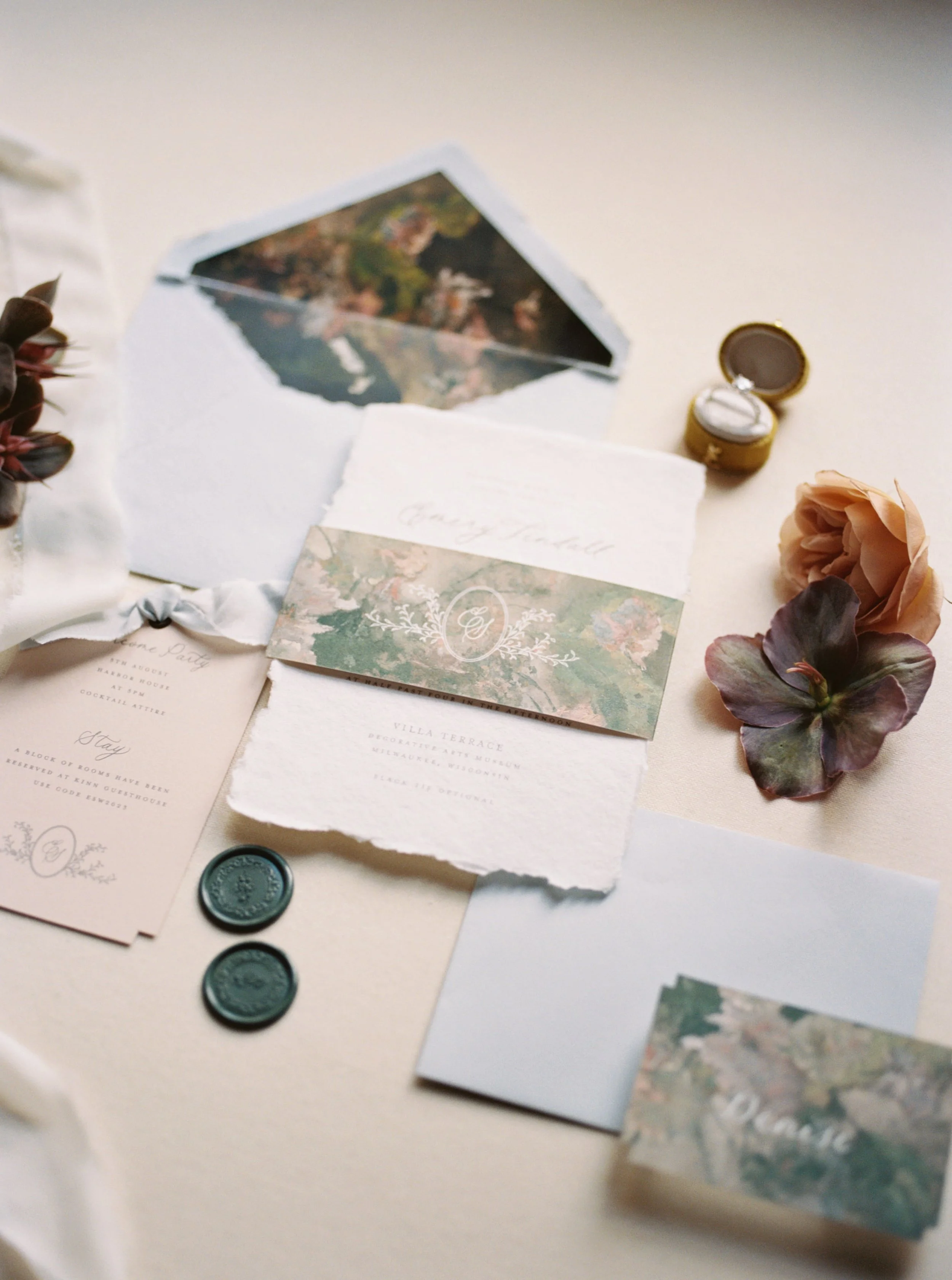 Wedding invitation flat lay with dried flowers