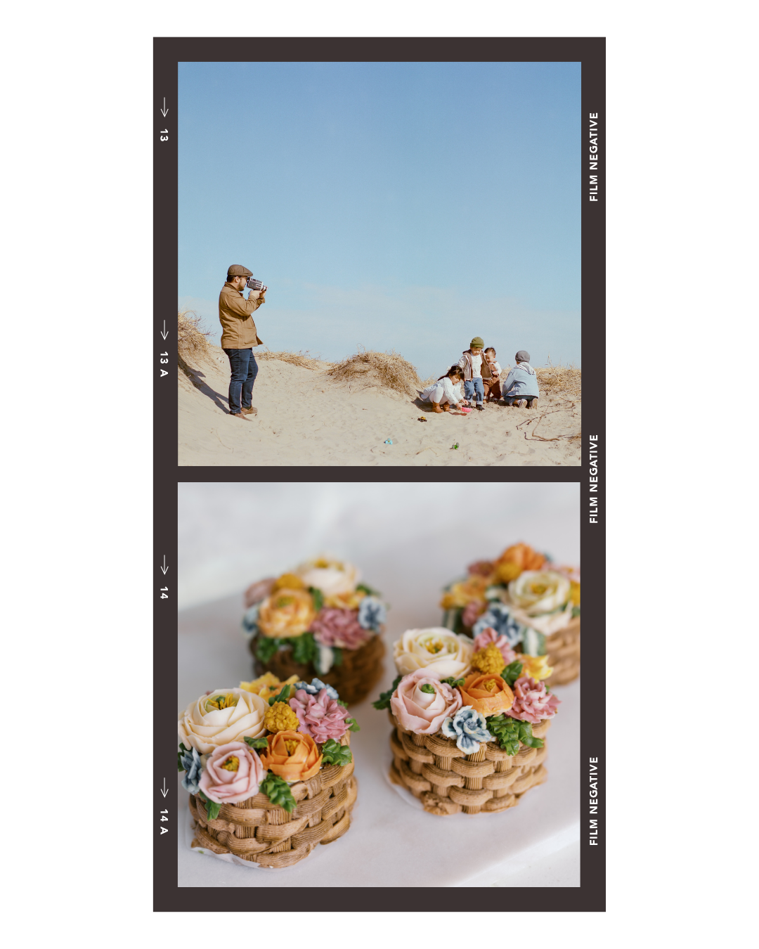 Top image shows a man in a brown coat and brown hat taking pictures of children playing on a sandy beach against a clear blue sky. Bottom image features decorated cupcakes with floral icing in small woven baskets on a white surface.