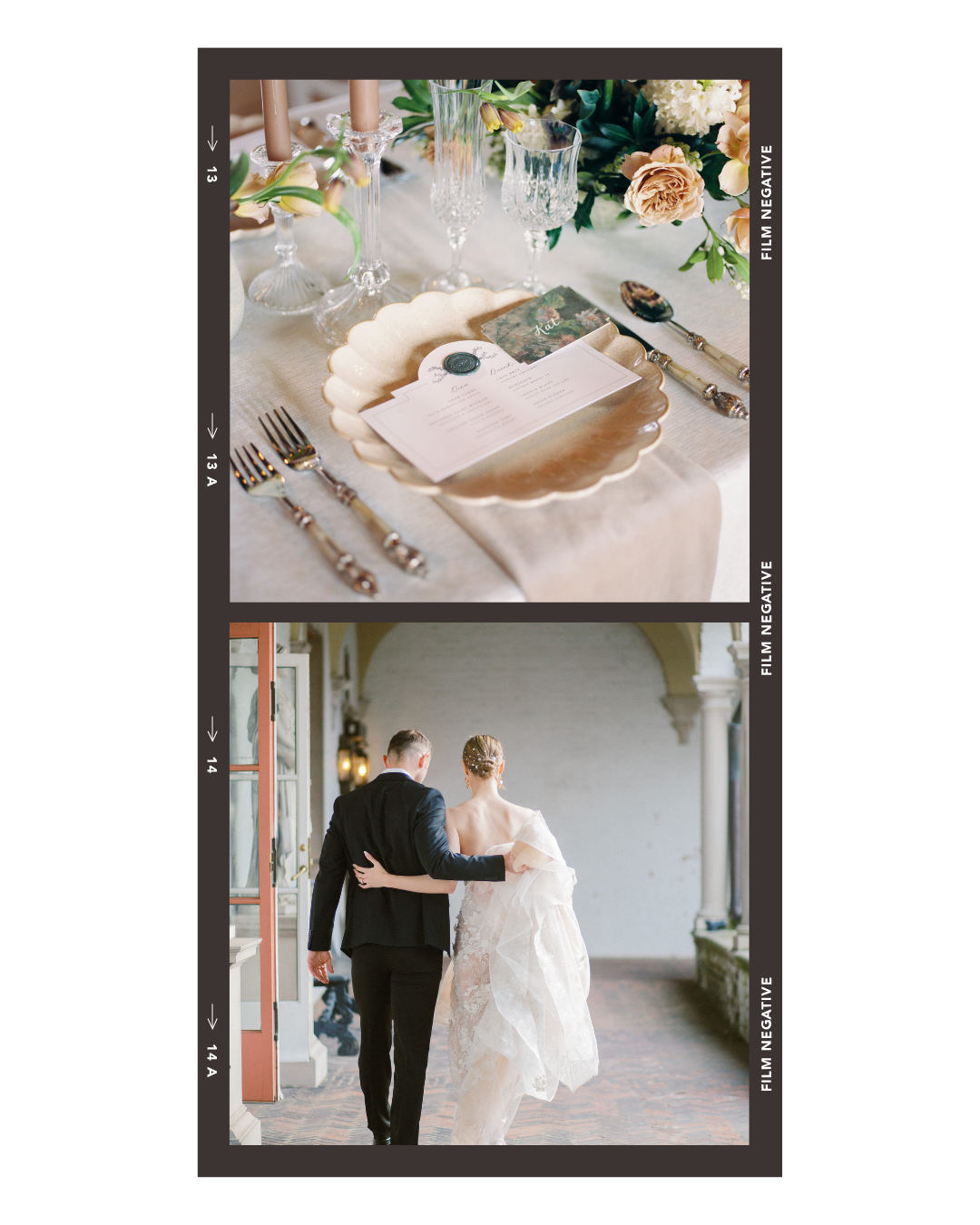 Elegant wedding table setting with a gold scalloped plate, crystal glasses, silverware, and a floral centerpiece, and a bride and groom walking arm in arm in a bright indoor venue.