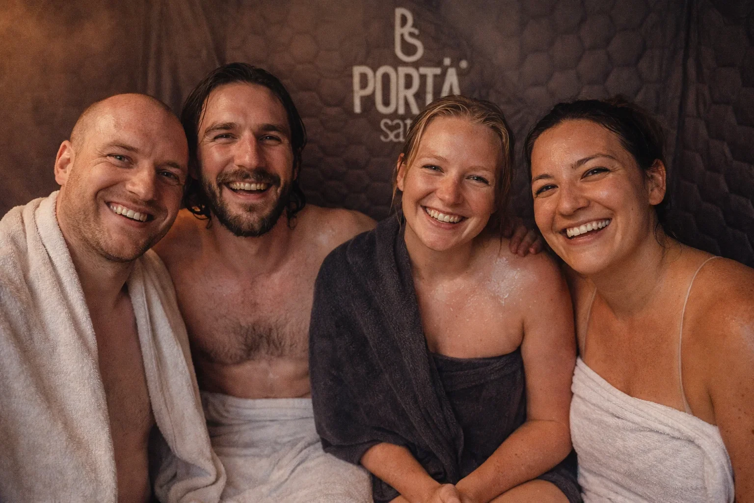 Four people in a spa, smiling and wrapped in towels, sitting in a steam room with a dark textured wall and a sign that reads 'PORTA' in the background.
