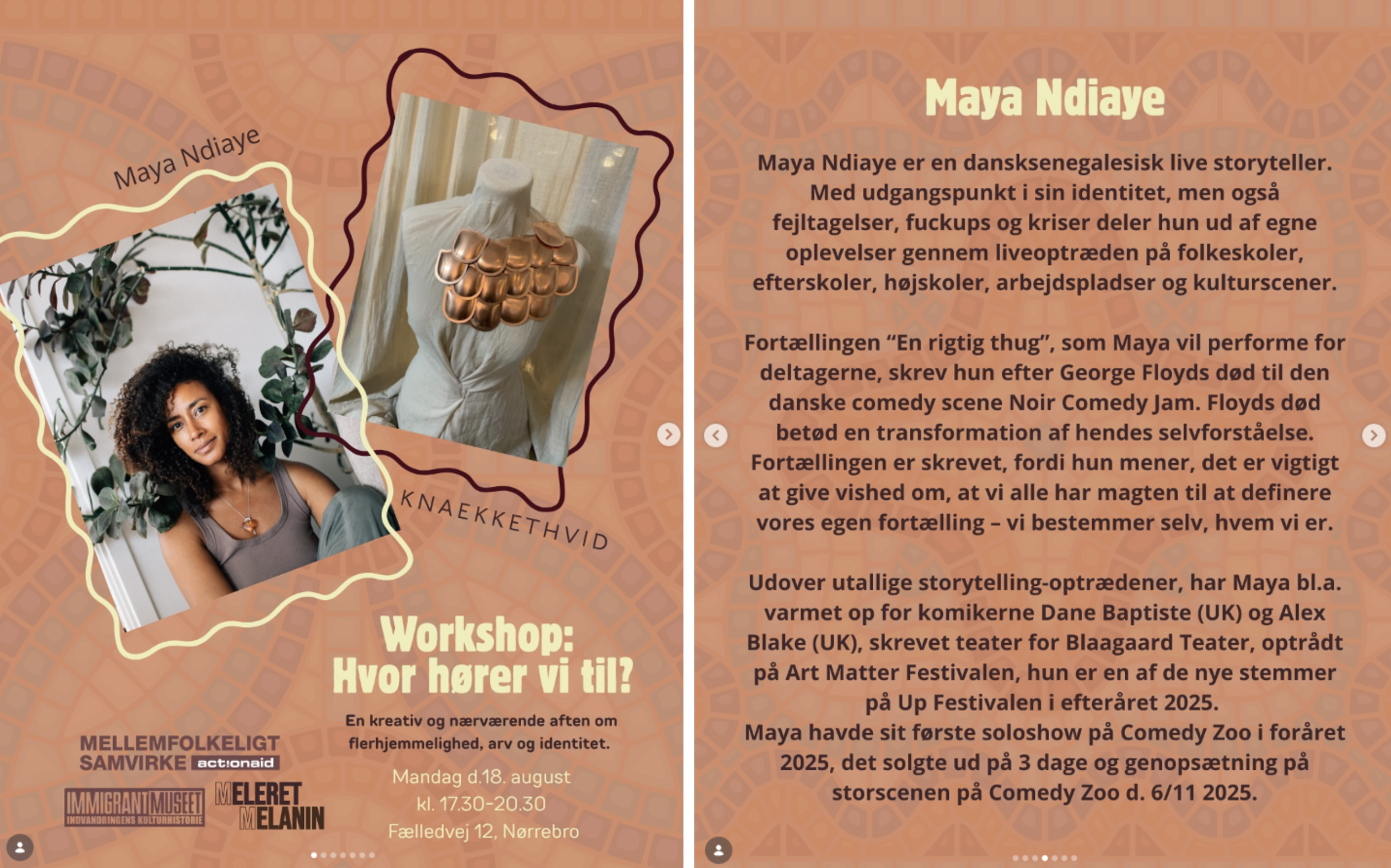 A poster promoting a storytelling workshop featuring Maya Ndiaye. The poster includes a photo of Maya Ndiaye, a woman with curly dark hair, wearing a gray top, sitting near a plant. The background has a warm, orange, patterned design. The workshop title, date, time, and location are included, along with details about Maya Ndiaye's background and other events she participated in.