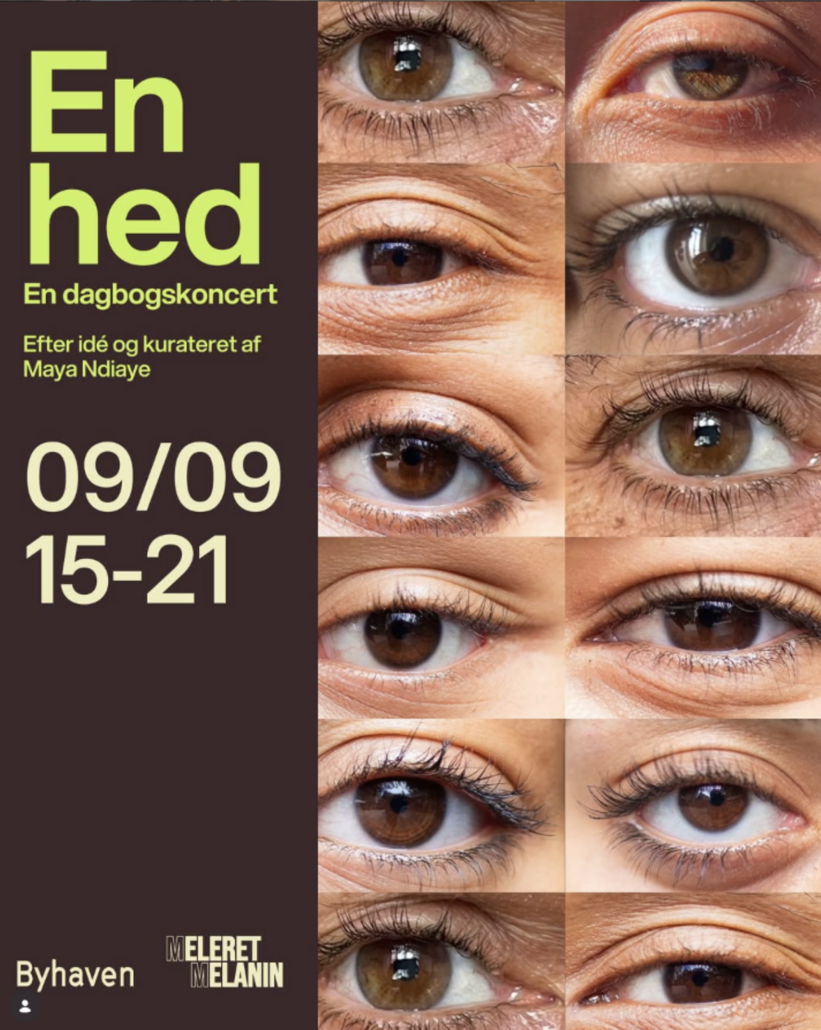 A promotional poster for a theater performance titled 'En Hedd,' featuring multiple close-up images of human eyes with various eye colors and details. The event is scheduled from September 9 to September 21, from 3 PM to 9 PM, and includes information about the creator Maya Ndiaye and the producers Byhaven and Meleret Melanin.