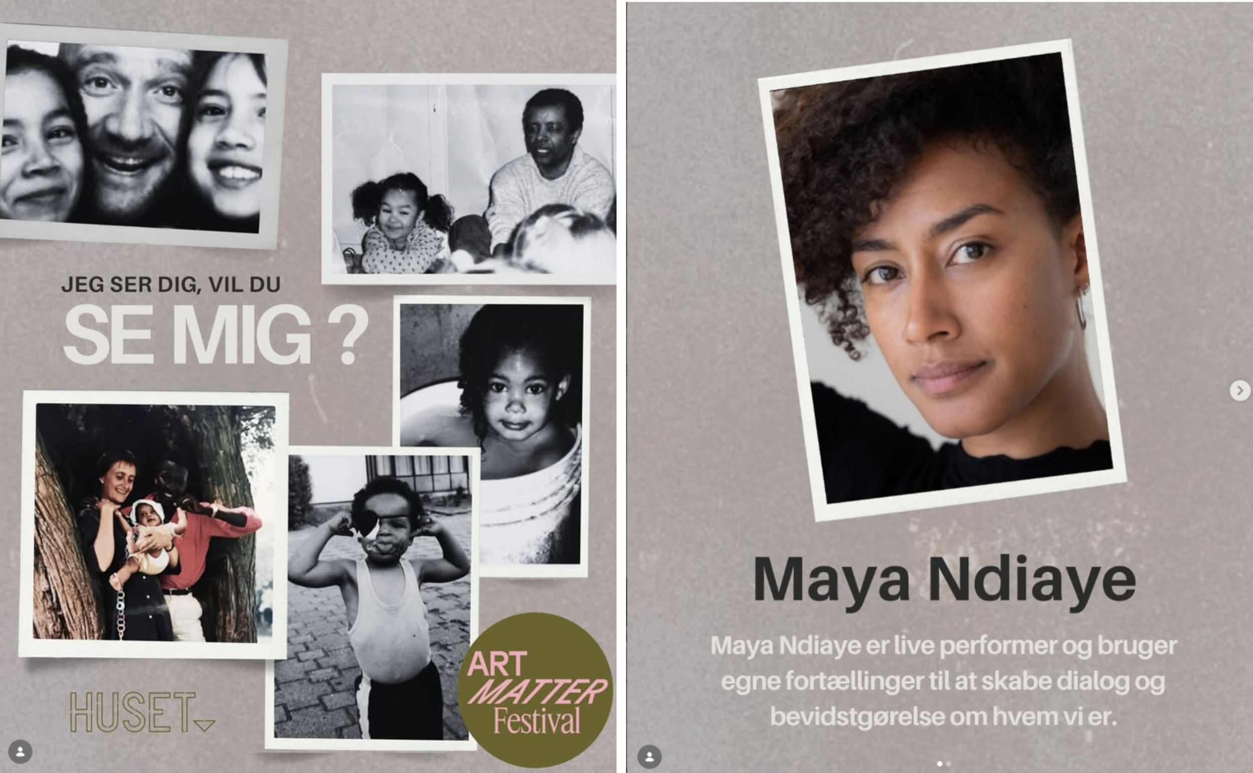 Collage of black-and-white and color photographs of people, including children and adults, with text in Danish promoting an art festival and a performer named Maya Ndiaye.
