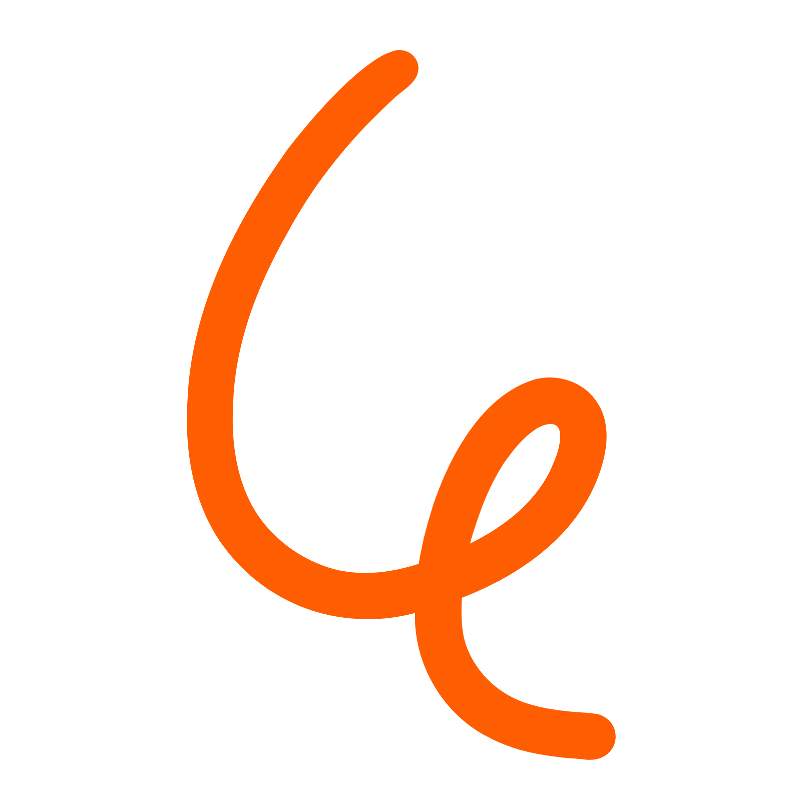 Neon orange cursive letter 'Q' on a black background.
