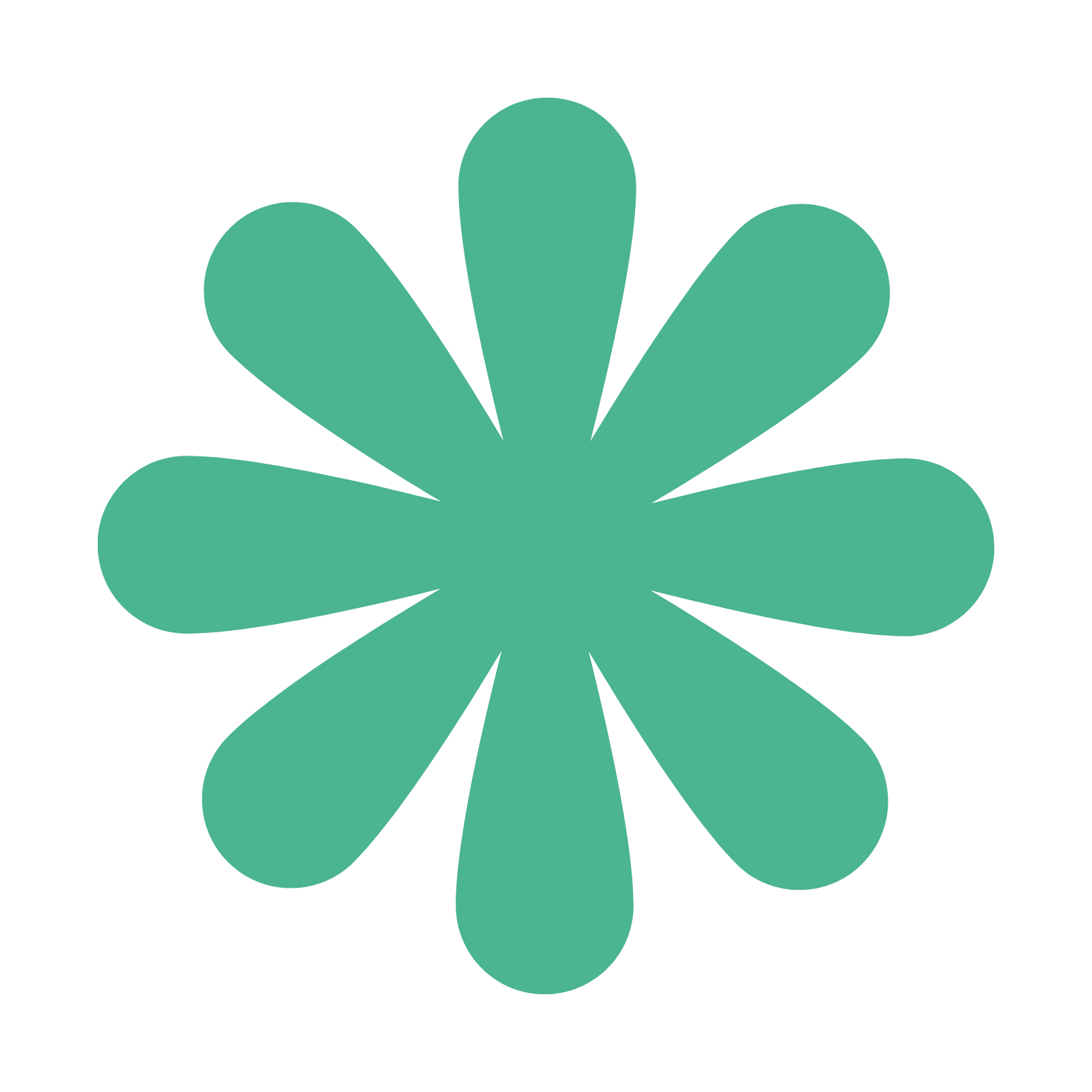 A stylized teal flower with seven rounded petals on a black background.