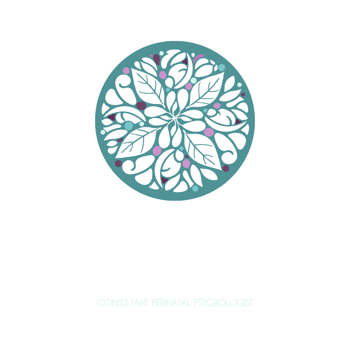 Business card featuring a circular floral logo with purple, teal, and white leaves and berries, displaying the name Julianne Boutaleb, a consultant perceptual psychologist.