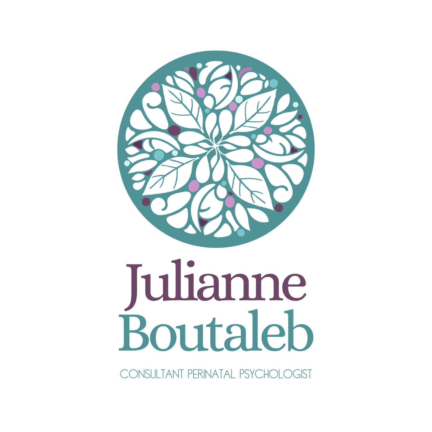 Logo featuring a circular floral design with leaves and berries in shades of purple, teal, and white. Text below reads 'Julianne Boutaleb' in purple and teal, and 'Consultant Perinatal Psychologist' in teal.