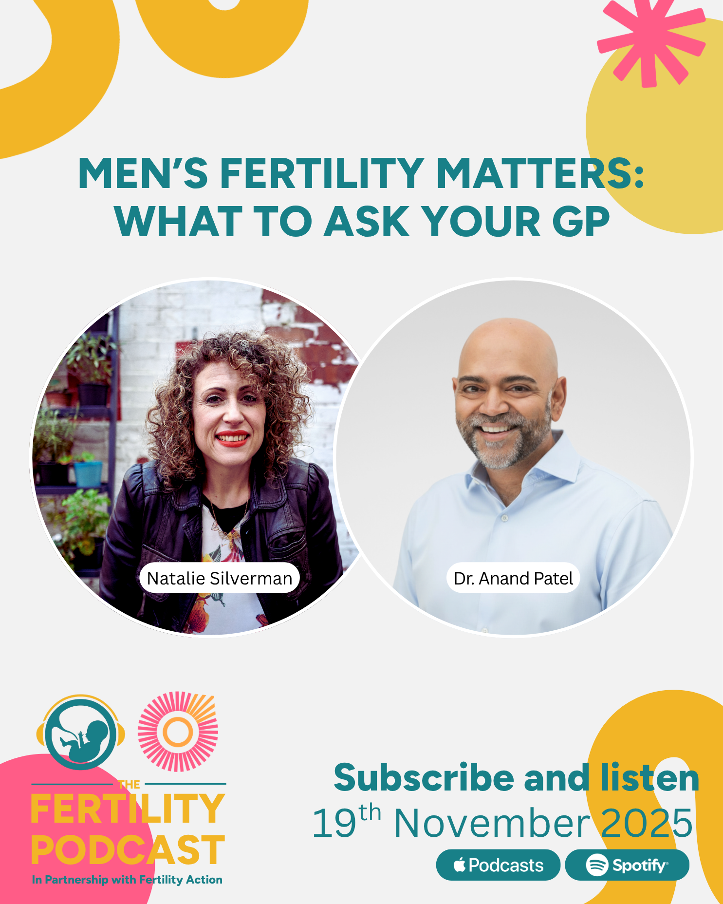 Promotional graphic for a fertility podcast featuring photos of Natalie Silverman and Dr. Anand Patel, with text about the episode date, and icons for Apple Podcasts and Spotify.