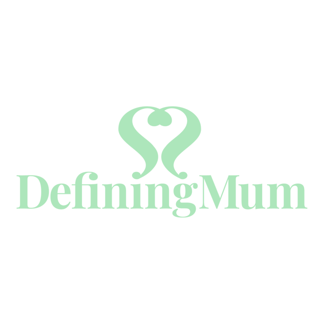 Logo for Defining Mum featuring a stylized heart-shaped design resembling two snakes or ribbons forming a heart, with the text 'Defining Mum' in a light green color on a black background.