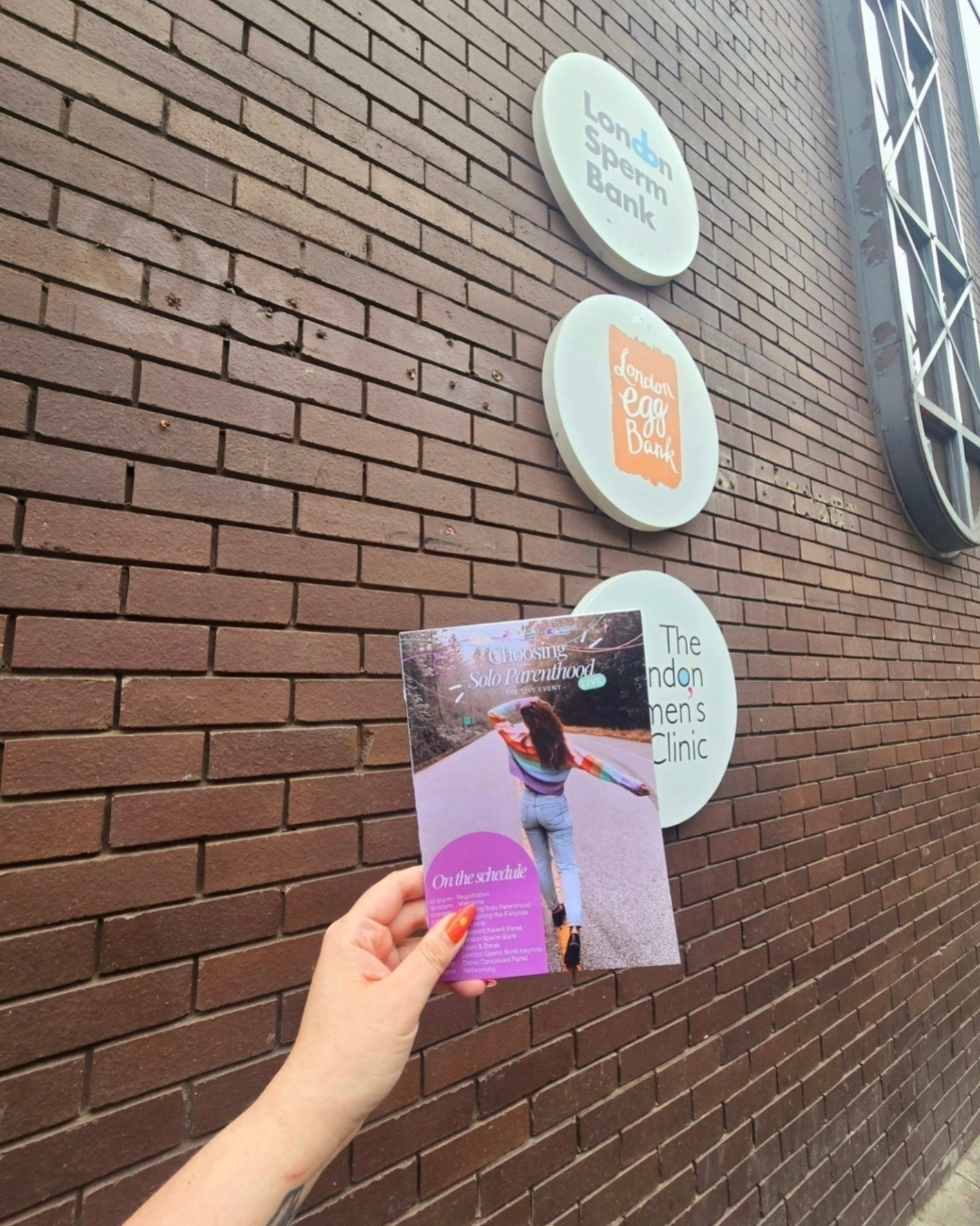 A person holding a pink, purple, and teal flyer in front of a brick wall with three circular signs, including one with the text 'London Egg Bank' and another with the text 'London Temper Bank'.