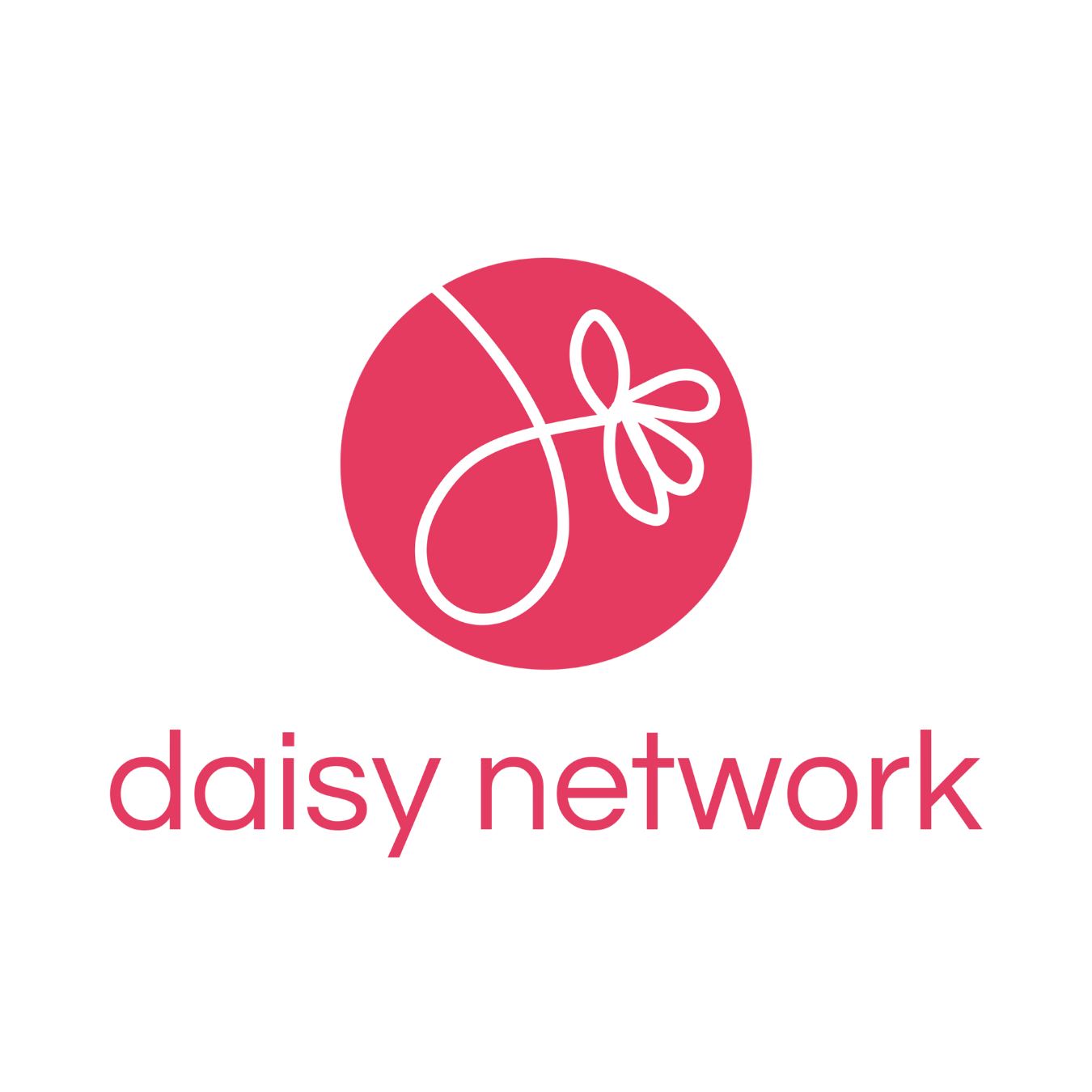 A logo featuring a pink circle with a black outline of a lollipop and a butterfly inside it. Below the circle, the text reads 'daisy network' in pink lowercase letters.
