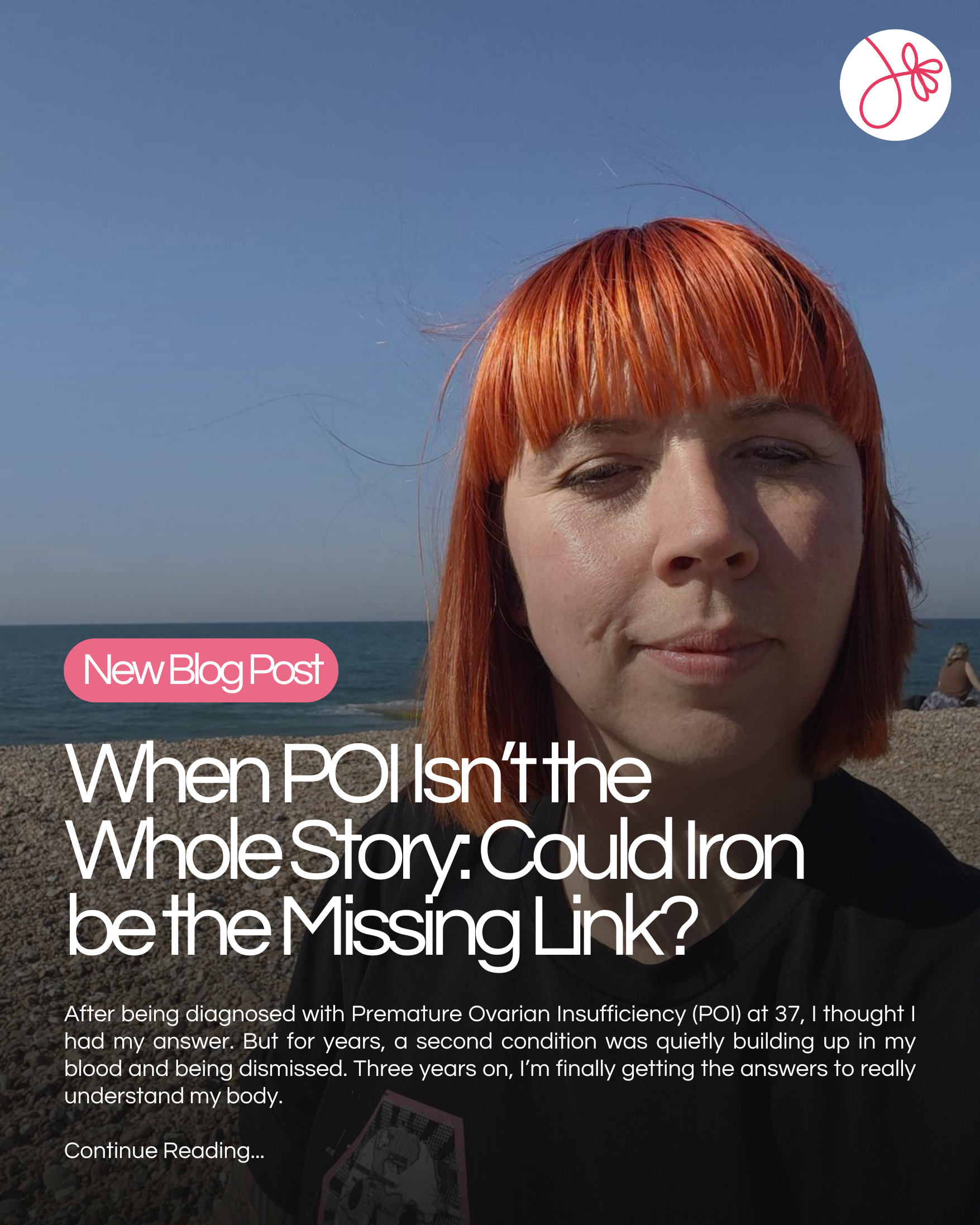 A woman with bright orange hair taking a selfie by the ocean, with a blue sky in the background. There is a pink label at the bottom left corner with white text that reads 'New Blog Post'. The image is part of a blog post about health and body understanding.