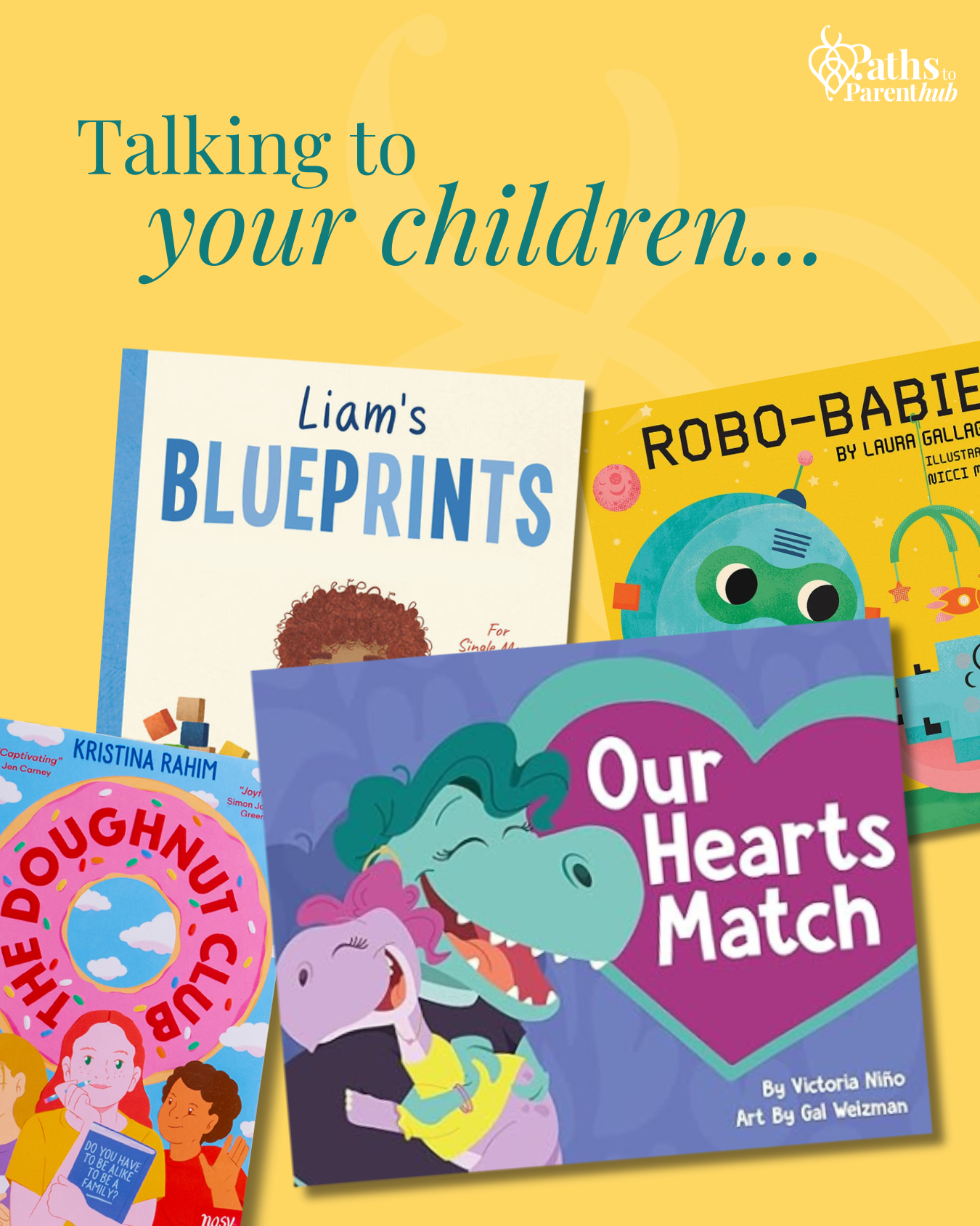 Collection of children's books about emotions, including titles like 'Talking to your children,' 'Liam's Blueprints,' 'Robo-Babies,' 'Our Hearts Match,' and 'How Doughnut Cute.'