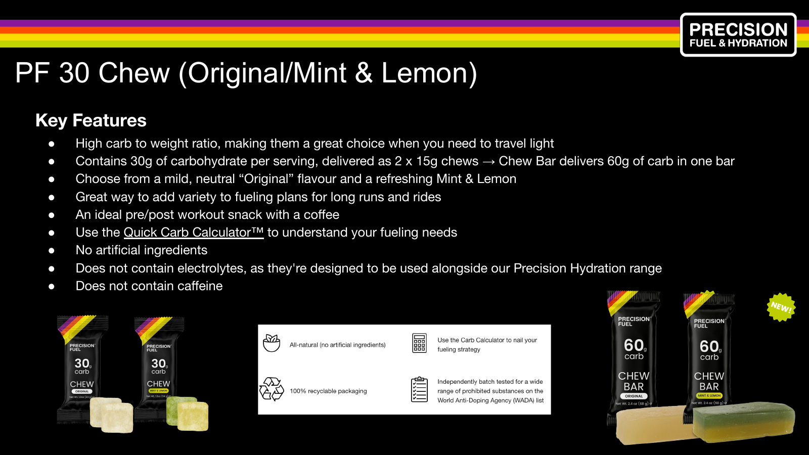 Precision Fuel & Hydration PF 30 Chew and 60g Chew Bar product comparison slide in Original and Mint & Lemon flavors