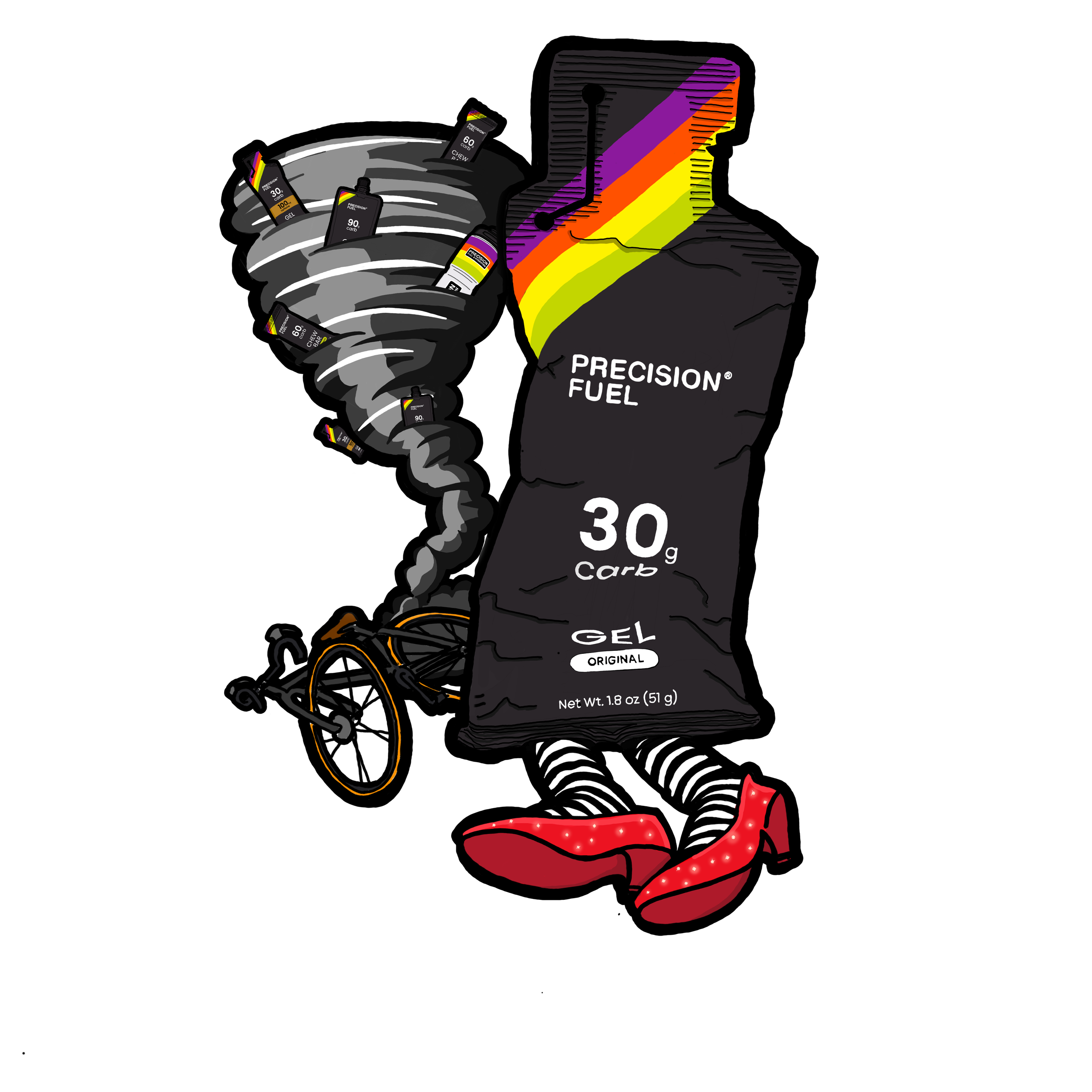 Illustrated runner in a wheelchair wearing a rainbow-striped Precision Fuel jersey and holding a 30g carb energy gel pouch, with additional gels displayed.