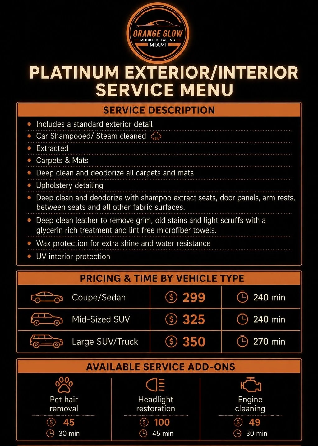A black and orange promotional poster for Orange Glow Mobile Detailing in Miami, featuring a platinum exterior and interior service menu, pricing, time estimates, and optional add-ons such as pet hair removal, headlight restoration, and engine cleaning.