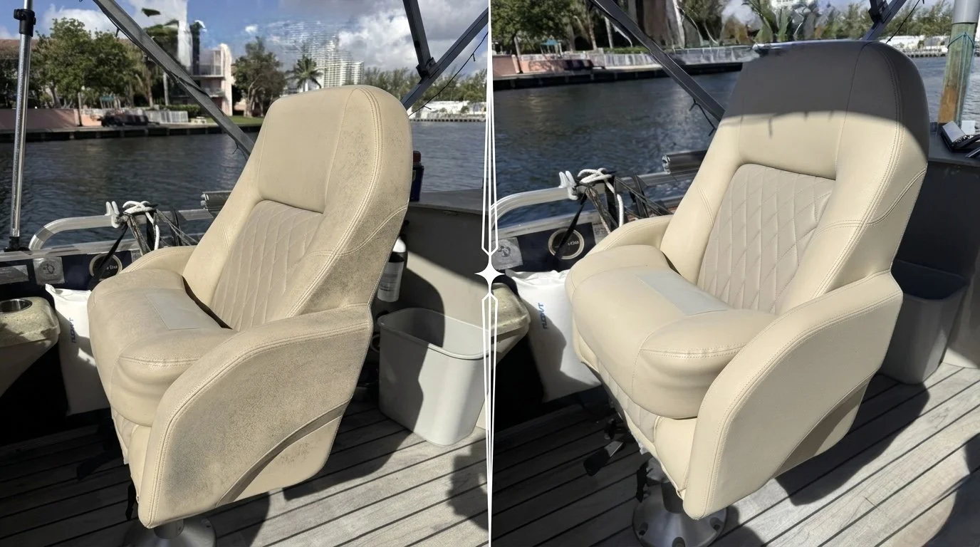 Side-by-side comparison of a boat captain's chair before and after cleaning. The left shows a dirty, stained beige leather chair, and the right shows a clean, bright beige leather chair.