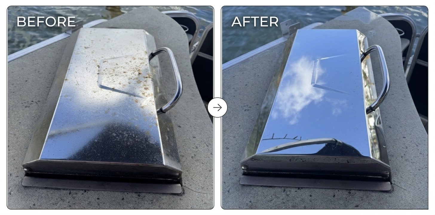 Comparison of a metal griddle before and after cleaning. The 'before' side shows a greasy, dirty surface, while the 'after' side shows a clean, shiny surface reflecting the sky and clouds.