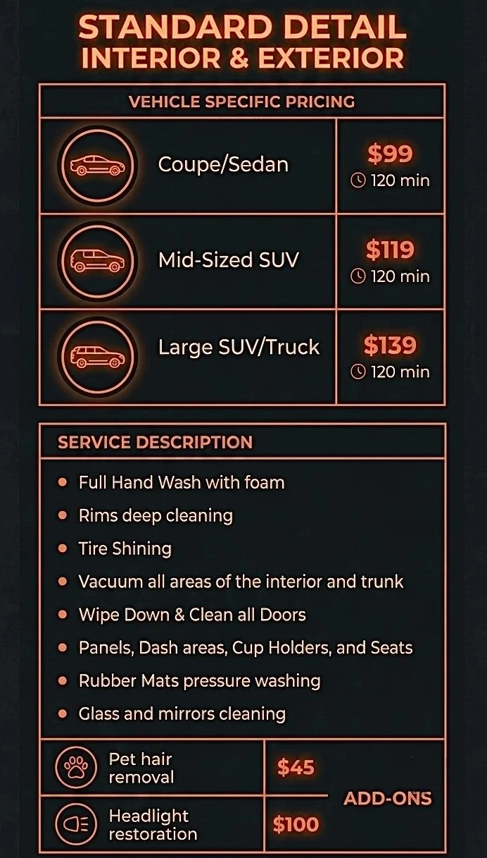Pricing chart for car detailing services, listing prices for different vehicle sizes and services offered.