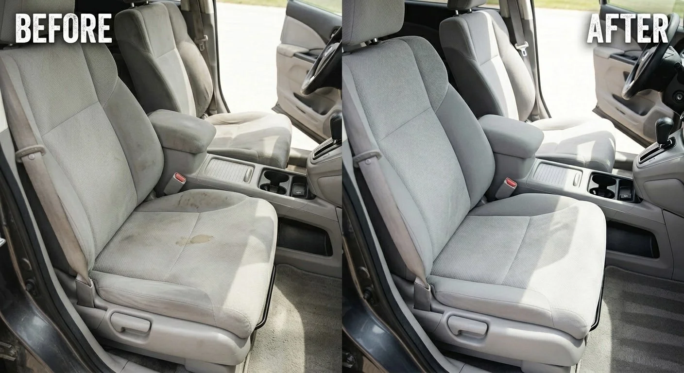 Before and after images of a car's interior, showing a front passenger seat cleaned from dirty and stained to clean and spotless, with the "Before" label on the left and "After" label on the right.