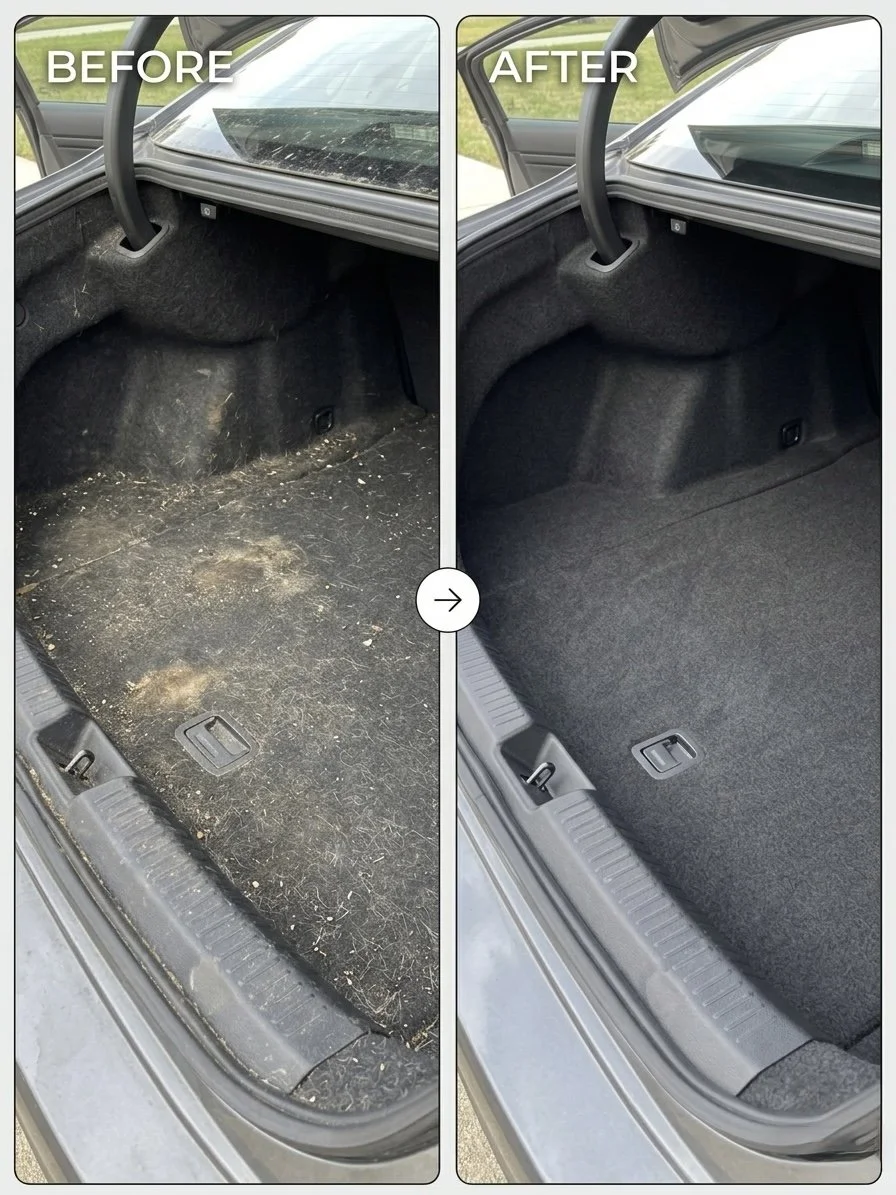 Comparison of car trunk interior before and after cleaning. The before side shows dirt and debris; the after side shows a clean, vacuumed trunk.