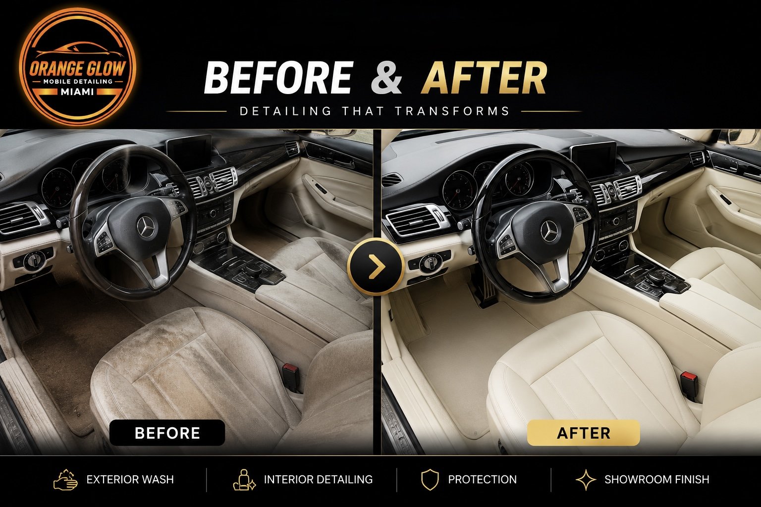 Side-by-side comparison of car interior; left side shows a worn, dirty interior before detailing, right side shows a clean, restored interior after detailing.