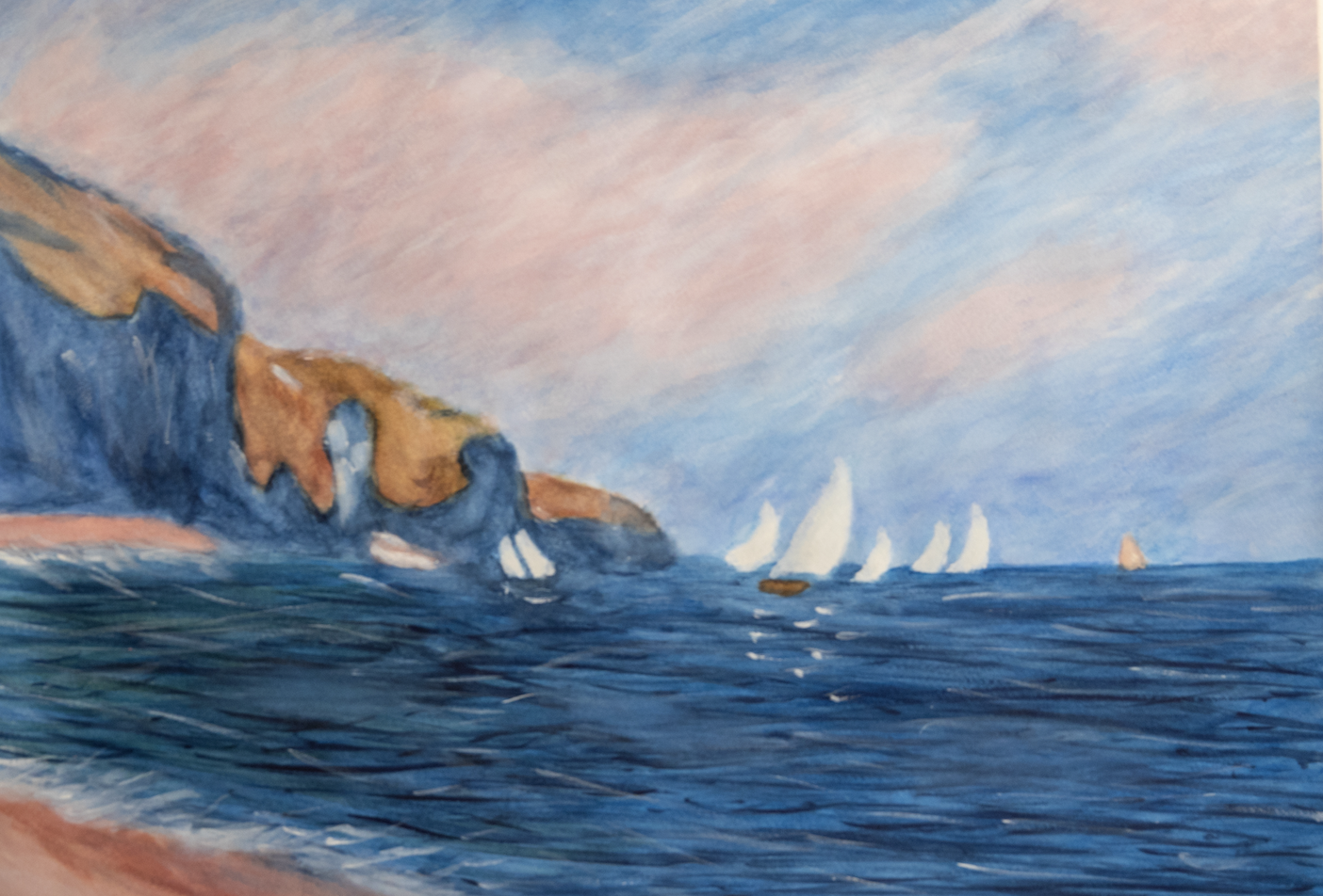 Landscape painting of sailboats near the coastline