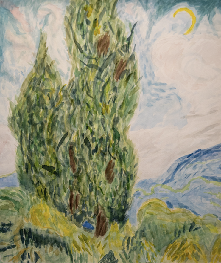 Painting of trees in a landscape based on Van Gogh