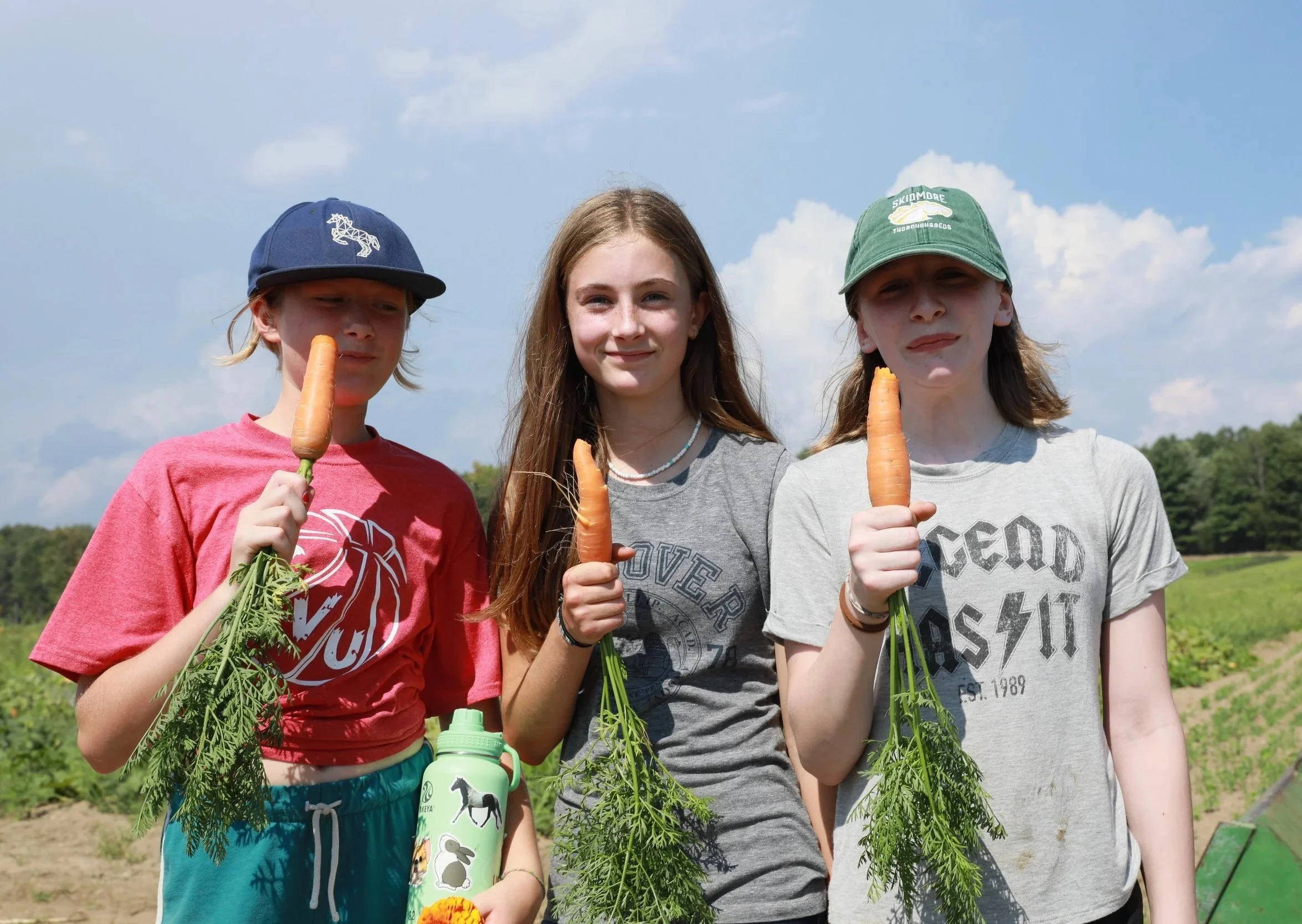 Students eating fresh carrots on a farm
