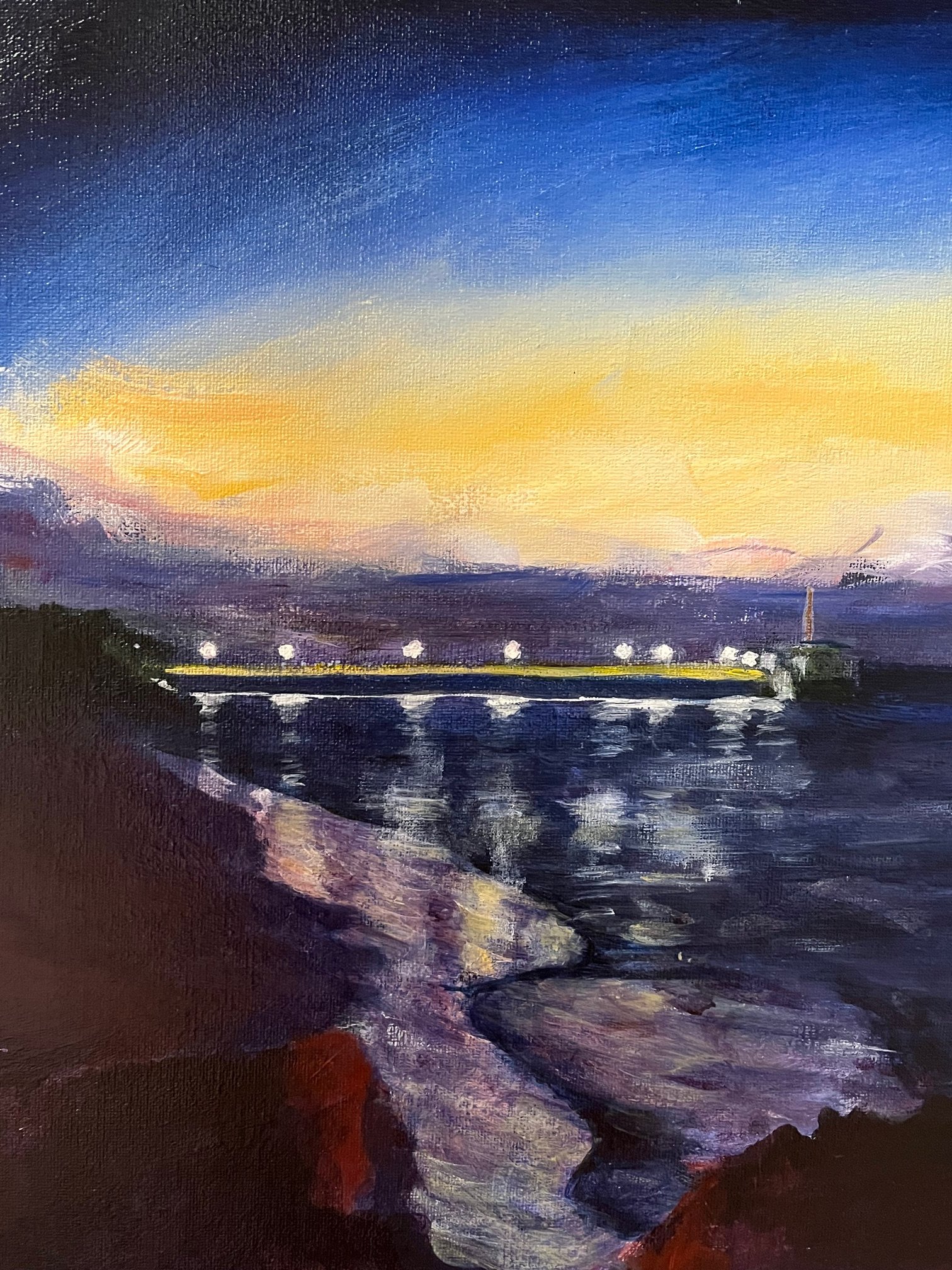 Landscape painting of a bridge at night