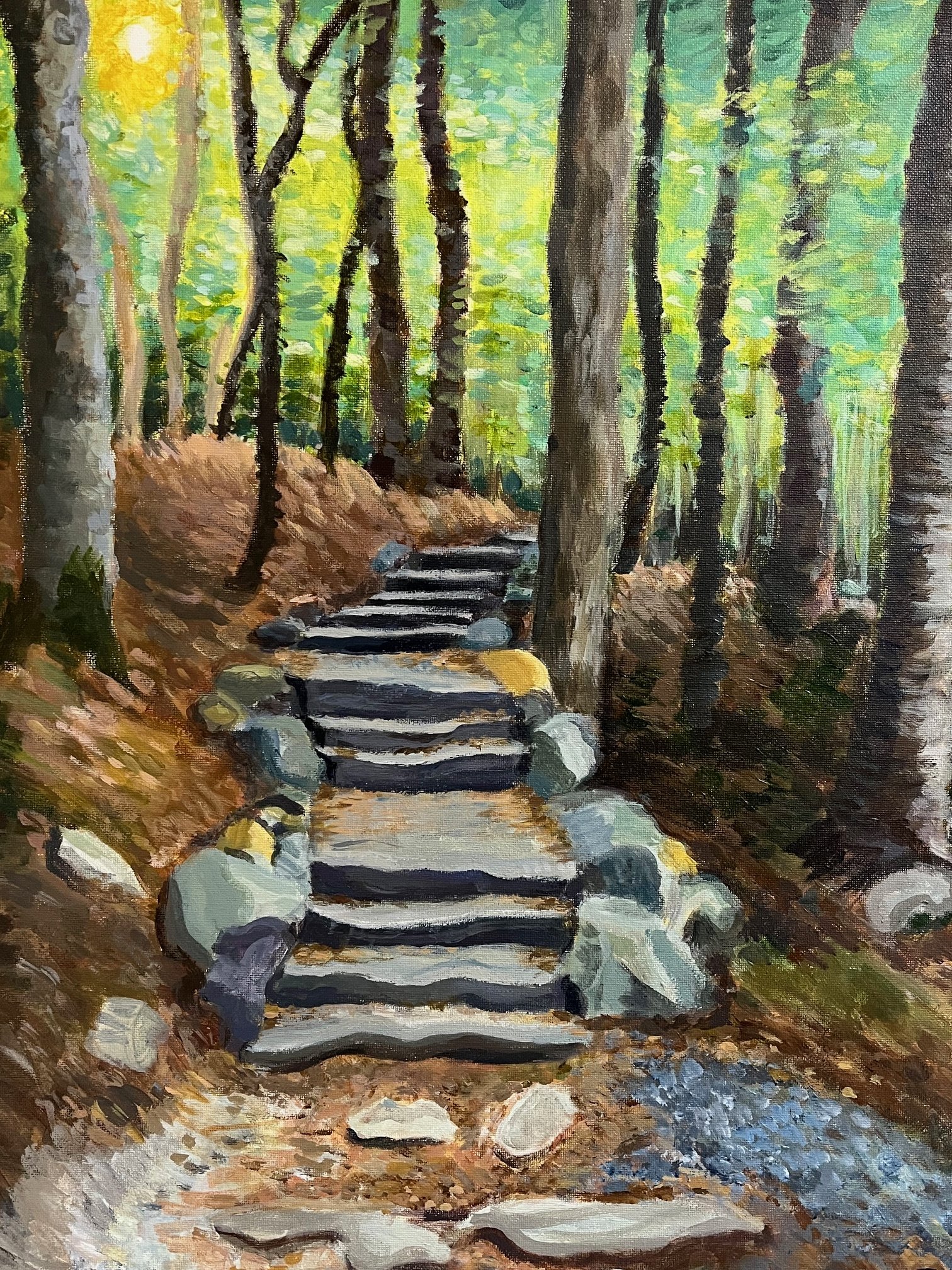 Painting of a stone pathway through the woods