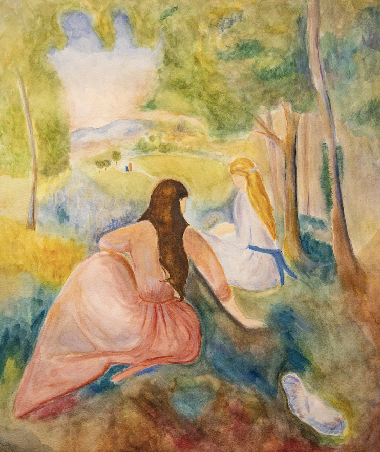 Painting of two women sitting in idyllic woods