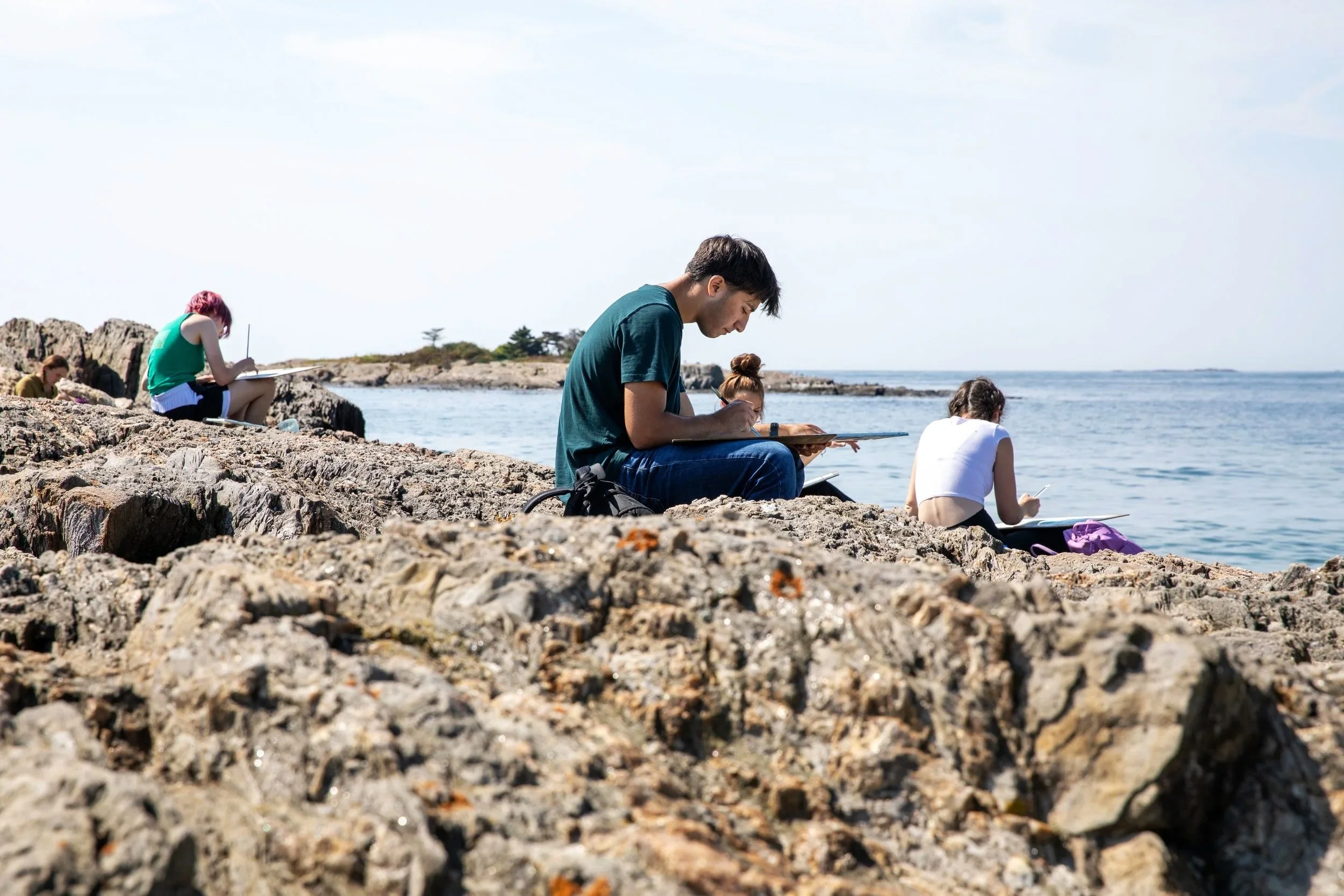 High school students painting outdoors on the Maine coast