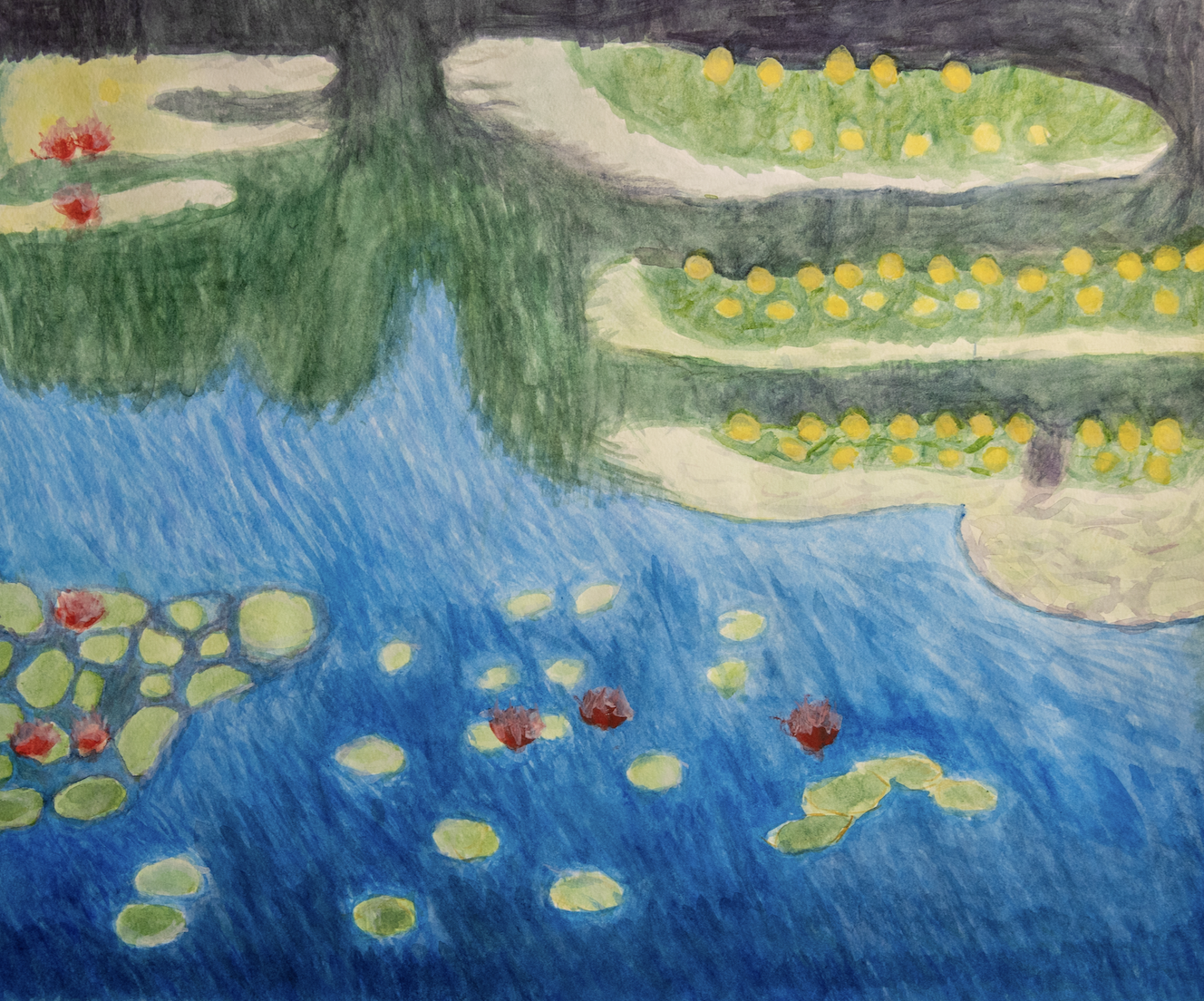 Landscape painting of lily pads and the sky reflected in water