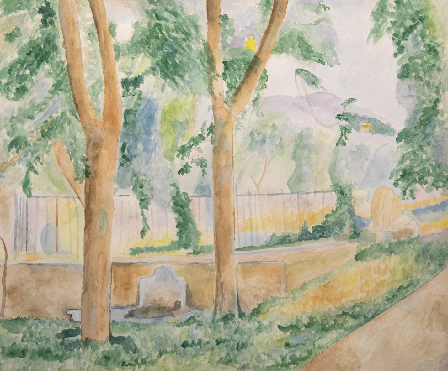 Landscape watercolor painting of trees in a cemetery