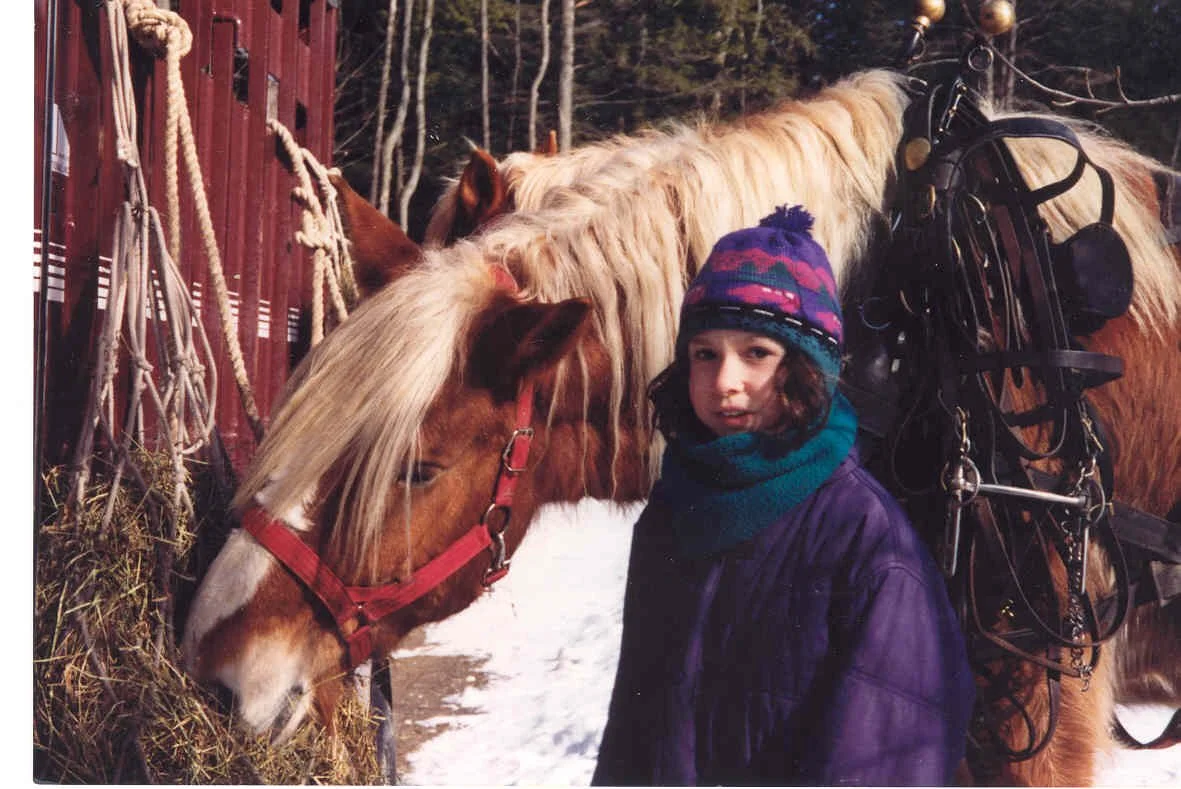 A girl wearing a colorful winter hat and coat standing next to two horses, one of which is eating hay. The horses are harnessed and the scene is outdoors with trees in the background.