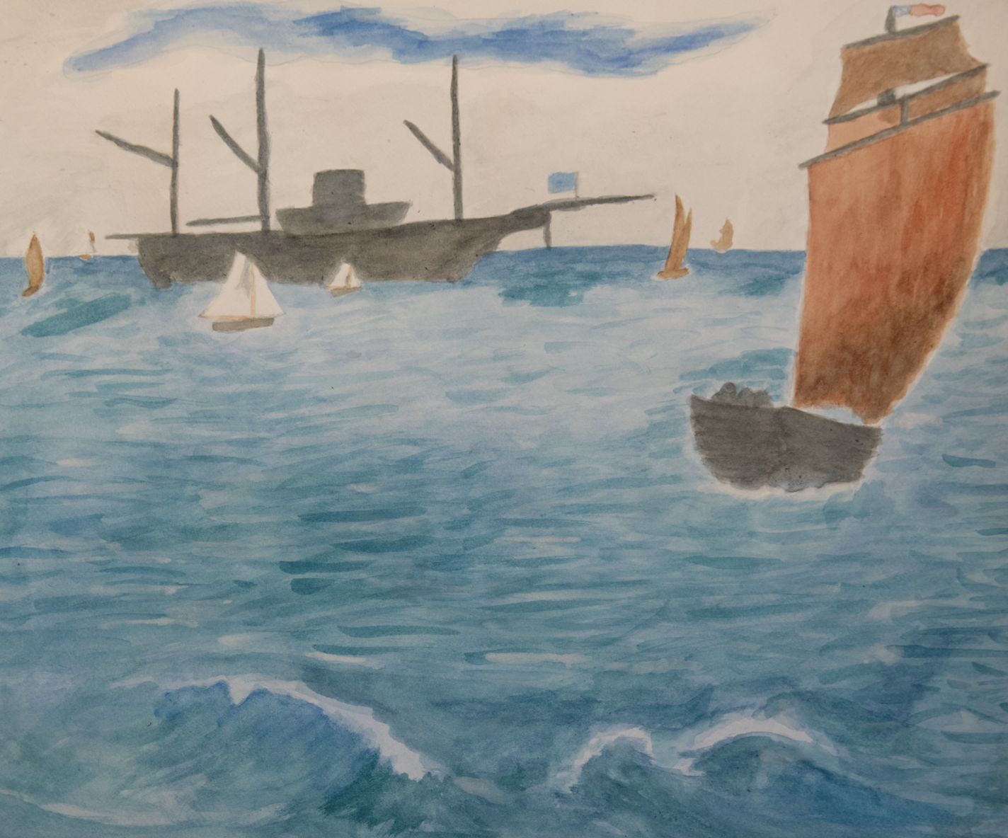 Landscape painting of ships at sea