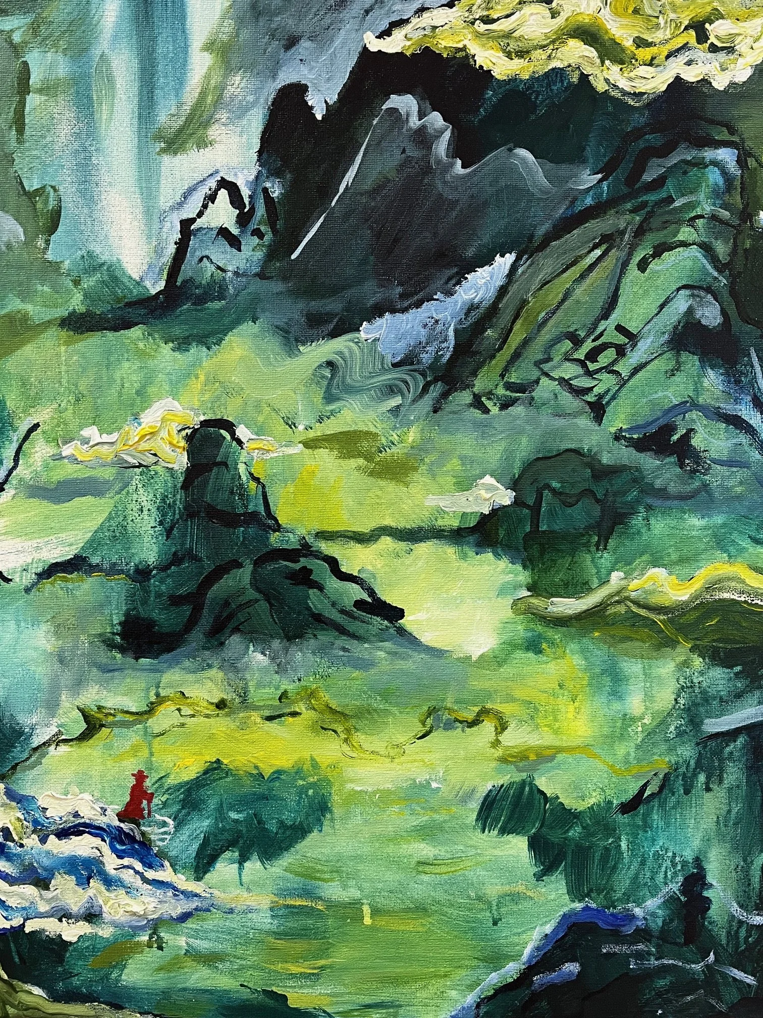 Fantastical landscape painting of a small figure in the mountains