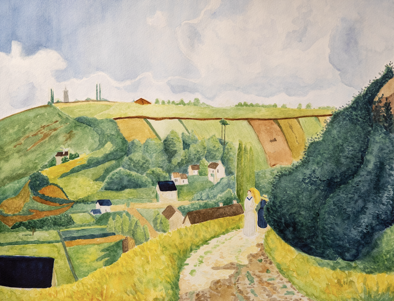 Landscape painting of farms and rolling hills