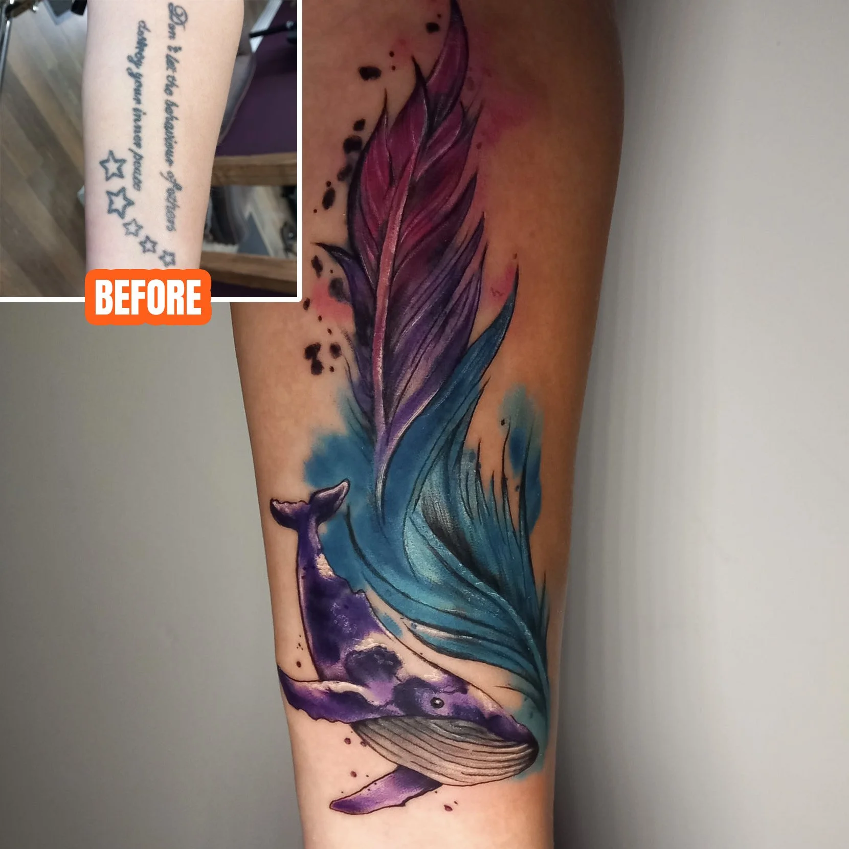 Cover up tattoo of whale