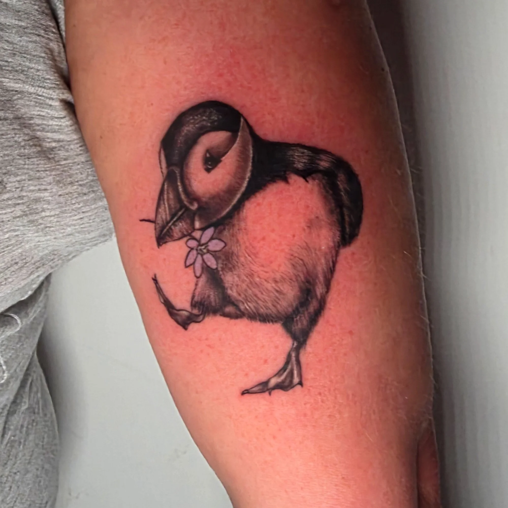 A tattoo of a cat's face with a flower on a person's upper arm.