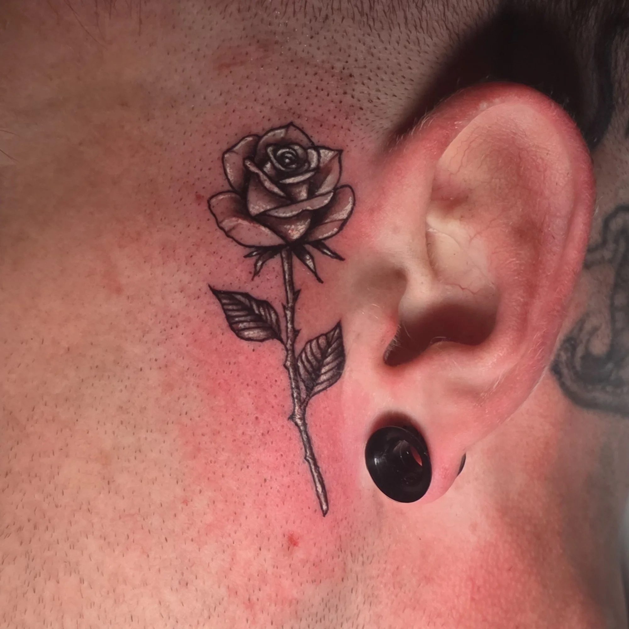Close-up of a person's cheek with a tattoo of a black and gray rose and leaves near the ear.