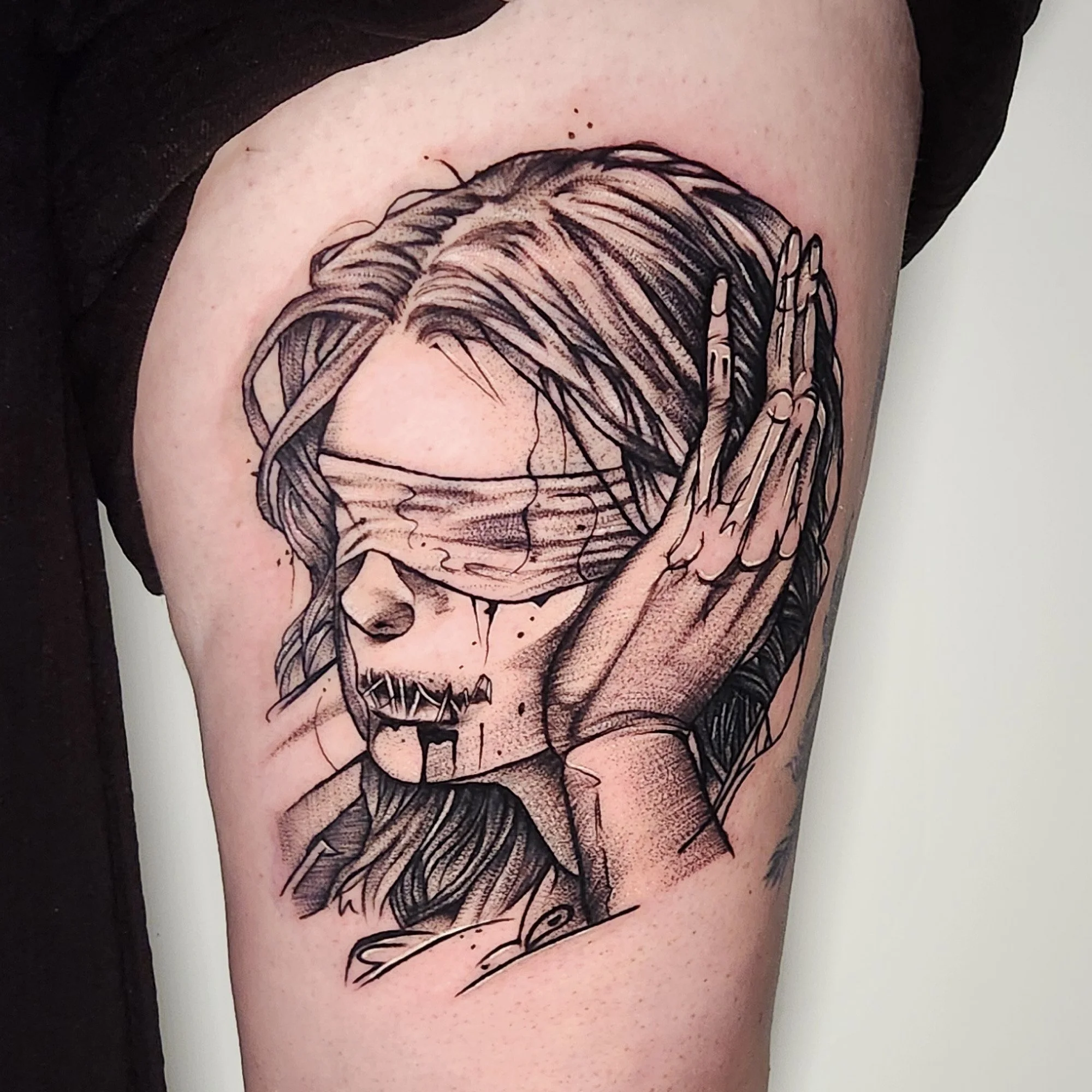 Sketchy portrait of a ‘no see, no hear, no speak’ female. Dark imagery